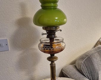 Rare large oil lamp with green shade & funnel