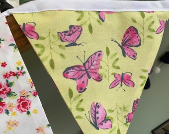 Homecrafted Romantic Roses & Pink Butterflies Bunting on 7 Flags - Measures just under 2 metres