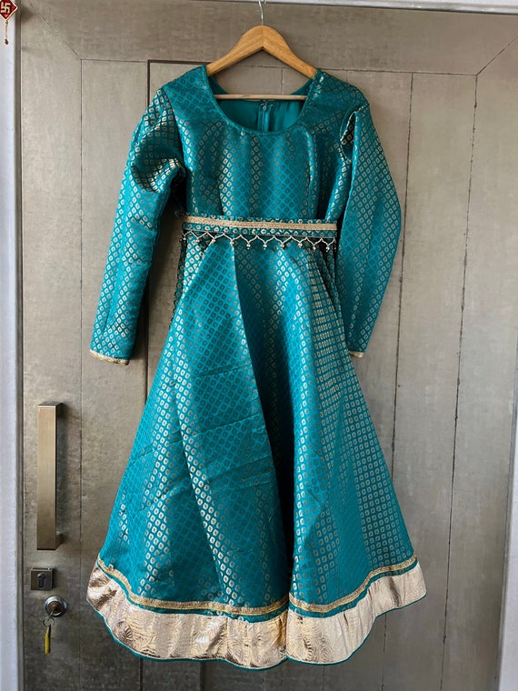 green kathak dress Rama Green Brocade Anarkali Dress