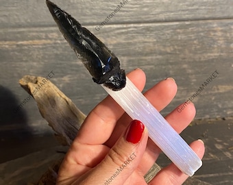 Arrowhead Obsidian Athame, Sticks, Obsidian Knife, Selenite Sticks  HUNTING KNIVES CUSTOM Handmade, Gift For Her