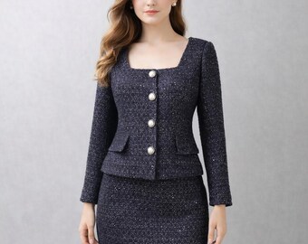 Custom Sequin Navy Tweed Skirt Suit:  Square Neck, Any length, Any Size, Formal Wear