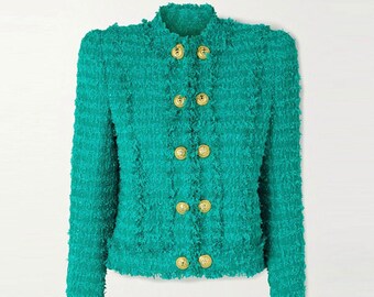 Women Luxury Golden Buttons Green / White Fringe Tweed Jacket Blazer,  Smart Casual, Winter Autumn Jacket, Wedding Jacket,  Speech Day