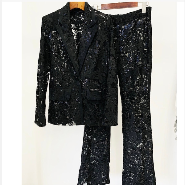 Sample Sale! Women Black Pants Suit Sequinned Mesh Lace Bohemian With Flare Trousers, Gothic Look, Birthday Party, Evening Out,