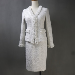 Custom Cream White Tassel Tweed Suit: Jacket and Skirt/Trousers