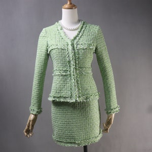 Custom Light Green Tweed Suit: Jacket and Skirt/Pants Set