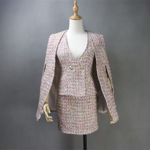 Women's Custom Made Suit in Plus Sizes, Children's Size Pink Tweed Coat / Cape+ Vest + Skirt 3 Pieces, Speech Day, Graduation, Wedding
