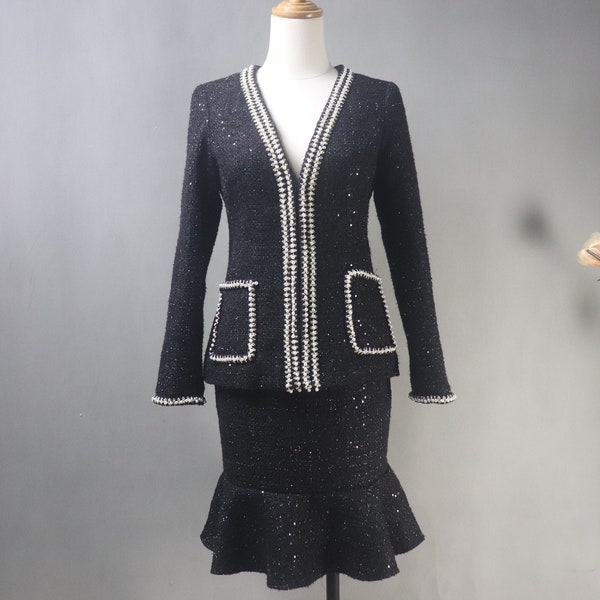 Women's Custom Made Suit Tweed Sequinned Deep V Neck Pearls Decoration Blazer Coat+  Long Fishtail Skirt Formal, Personalised Gift