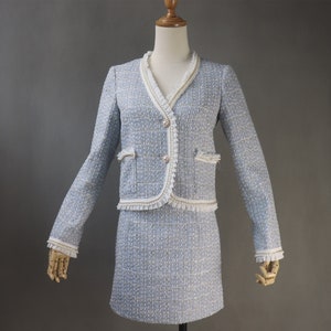 Women's Suit Custom Made Pearl Ruffle Trim Tweed Blazer + Skirt / Shorts Suit Blue for Wedding, Personalised Gift, Formal Event