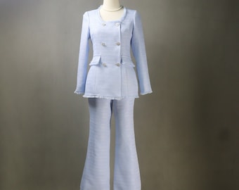 Bespoke Blue Flare Pants Suit (Plus Size Avail) Square Neck Long Jacket + Trousers Suit For Wedding Guest, Graduation, Formal Event