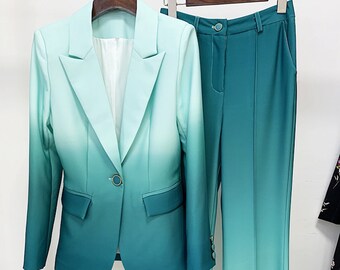 Women Green/ Hot Pink / Royal Blue Gradient Blazer + Mid-High Rise Flare Trousers Pants Suit, Graduation, Wedding, Speech Day,  Formal Event