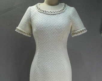 White Tweed Dress with Pearls Custom Made in Plus / Petite Size Mini / Long Dress For Wedding,  Graduation, Speech Day, Office, Formal Event