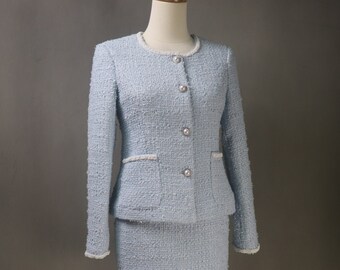 Spring Summer Blue Suit Custom Made Tweed Pearl Trim Blazer +   Skirt  Baby Blue Suit , wedding Guest,  Graduation, Speech Day, Formal Event