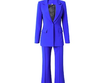 Women Blue Pants Suit One Button Mid Length Fitted Blazer + Mid-High Rise Flare Trousers in 8 Colors, Formal Suit, Graduation, Wedding