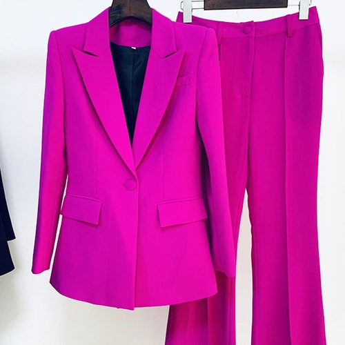 Women Hot Pink Blazer Mid-high Rise Flare Trousers Pants - Etsy