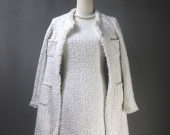 White Tweed Dress + Long Coat Custom Made in any length, Plus / Petite Size for Wedding, Graduation, Formal Event, Dinner Party, Interview