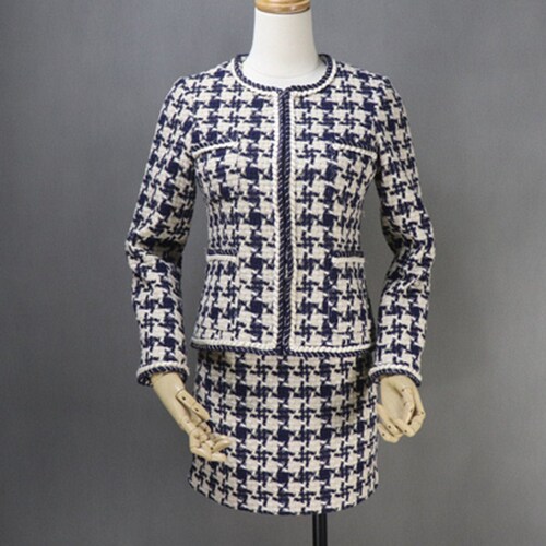 Houndstooth Pattern Tweed Skirt Suit 