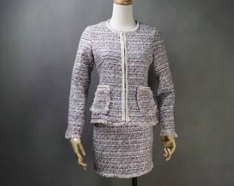 Blazer en tweed à paillettes multicolore violet sur mesure pour femme + costume jupe/short