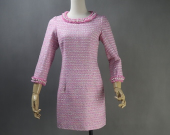 Pink Tweed Formal Dress: Custom Fit Pearls Trim Dress with Long or Short Sleeves