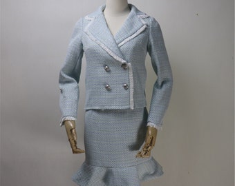 Womens Custom Made Tweed Short Blazer + Fishtail Mermaid Skirt Suit Blue / Pink, wedding Ceremony, Graduation, Speech Day, Formal Event