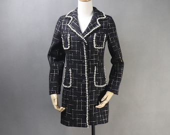 Personalised Coat Custom Made Pearls Checked Tweed Black Blazer Mid Length / Long Coat, Speech Day, Graduation, winter coat, warm coat