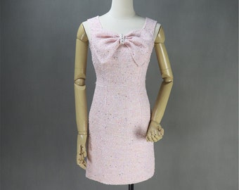 Frauen nach Maß Big Bow Dekoration Mehrfarben Pailletten Tweed Kleid Rosa und Weiß, Brautjungfer Kleid, Hochzeit, Abendkleid, Rede Tag