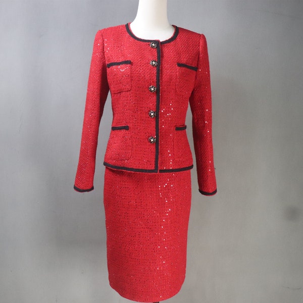 Women Custom Made Flower Button Red Sequinned Bling Tweed Jacket +  Knee Skirt Suit For Graduation, Wedding, Formal Event, Personalised Gift