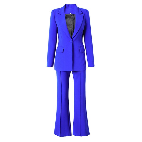 Frauen Blau Hosenanzug One Button Mitte Länge ausgestattet Blazer + Mid-High Rise Flare Hose in 8 Farben, formelle Anzug, Graduierung, Hochzeit