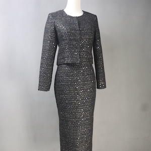 Custom Sequinned Tweed Skirt Suit: Cropped Jacket, Long Skirt