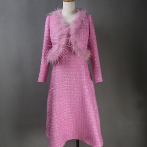 Hot Pink Dress Suit Custom Made with Fur Trim Crop Jacket + Long Flare Dress For Graduation, Wedding, Formal Event, Personalised Gift