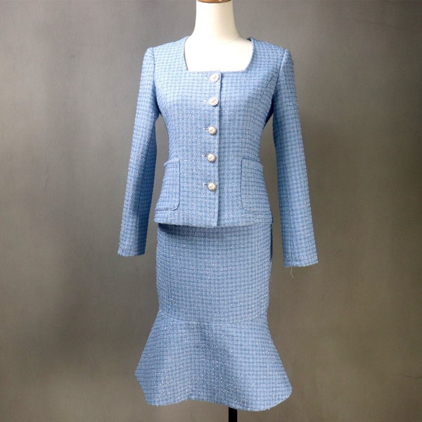 Women Custom Made Suit Tweed Fitted Blazer + Fishtail Mermaid Long Skirt Suit Blue , wedding Ceremony, Graduation, Speech Day, Formal Event