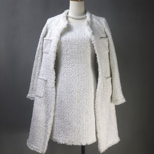 White Tweed Dress + Long Coat Custom Made in any length, Plus / Petite Size for Wedding, Graduation, Formal Event, Dinner Party, Interview