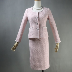 Custom Light Pink Tweed Skirt Suit with Pearl Trim – Wedding Guest, Graduation, Office