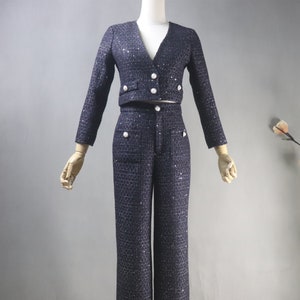 Crop Jacket Trousers Suit Custom Made Sequinned Dark Blue Navy / Black Tweed Short Jacket + Long / Short Skirt / Trousers Pants Suit