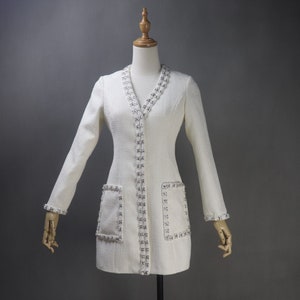White Tweed Dress Coat: Custom Fit Plus Size Coat with Silver Metal Trim