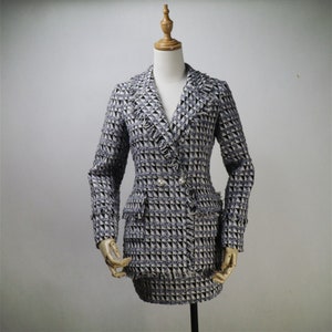 Custom Houndstooth Tweed Suit: Tassel Fringe Jacket and Skirt