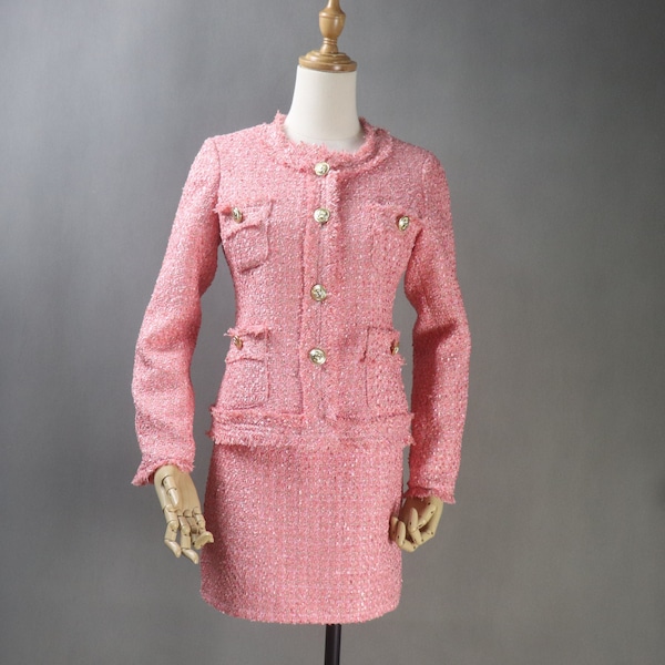 Women’s Coral Tweed Skirt Suit with Jacket – Graduation or Wedding Outfit, Plus Size