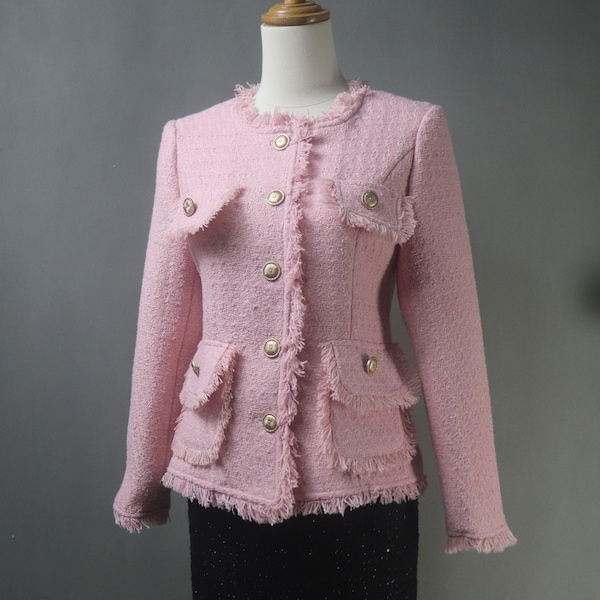 Custom Pink Jacket Tweed Tassel Fringe Blazer +  Skirt / Shorts / Trousers Pants Suit For Wedding Guest, Formal Event, Graduation, Plus Size