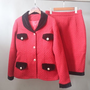 Red Tweed Skirt Suit: Custom Fit Plus Size Jacket & Skirt, 30% Wool, Black Collar