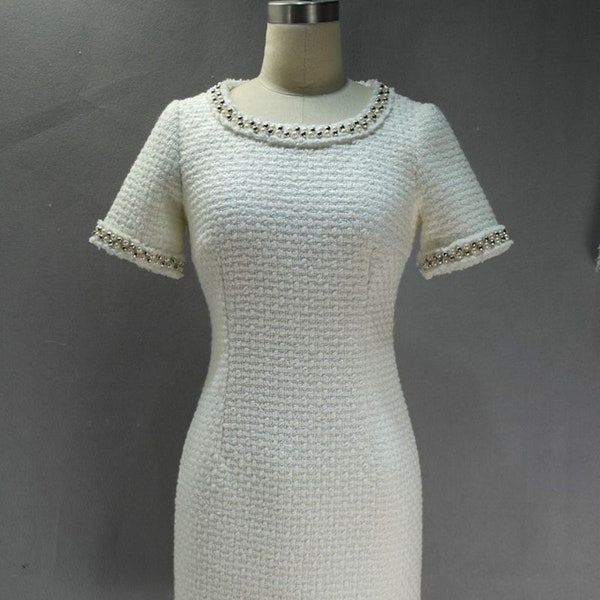 Summer White Tweed Dress Custom Made in Plus / Petite Size Mini / Long Dress For Wedding,  Graduation, Speech Day, Office, Formal Event