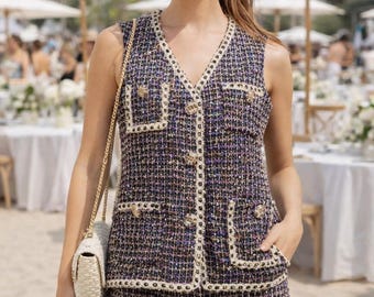 Custom Purple / Black Tweed Vest & Shorts Set for Women – Summer Two Piece Outfit