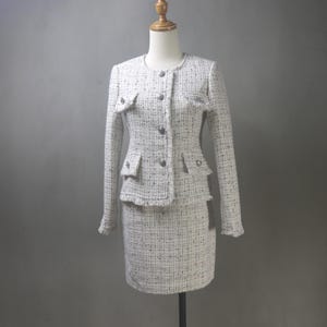 Bespoke Beige Tweed Skirt Suit with Fringe Trim | Plus Size Mini or Midi Skirt Set | Wedding Guest Outfit, Graduation, Formal Office Wear