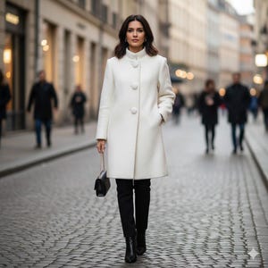 Custom White Wool Long Coat: Loose Fit, Office Outfit, Plus Size