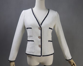 Women’s White Tweed Suit – Custom V-Neck Jacket with Gold Buttons, Black Trim & Matching Bottoms