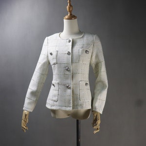 White Checked Tweed Jacket – Custom Made, Plus Sizes, Women’s Formal Blazer