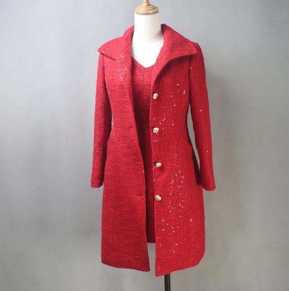 Custom Red Tweed Long Coat Dress Suit: Sequin Glamour, Plus Sizes