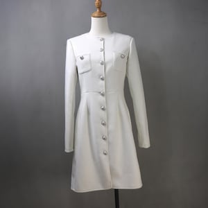 Custom White Wool Tweed Long Coat, Plus Sizes, Extra Long Length – Fit & Flare, Made to Order, Elegant Wedding, Formal Coat, Office Wear