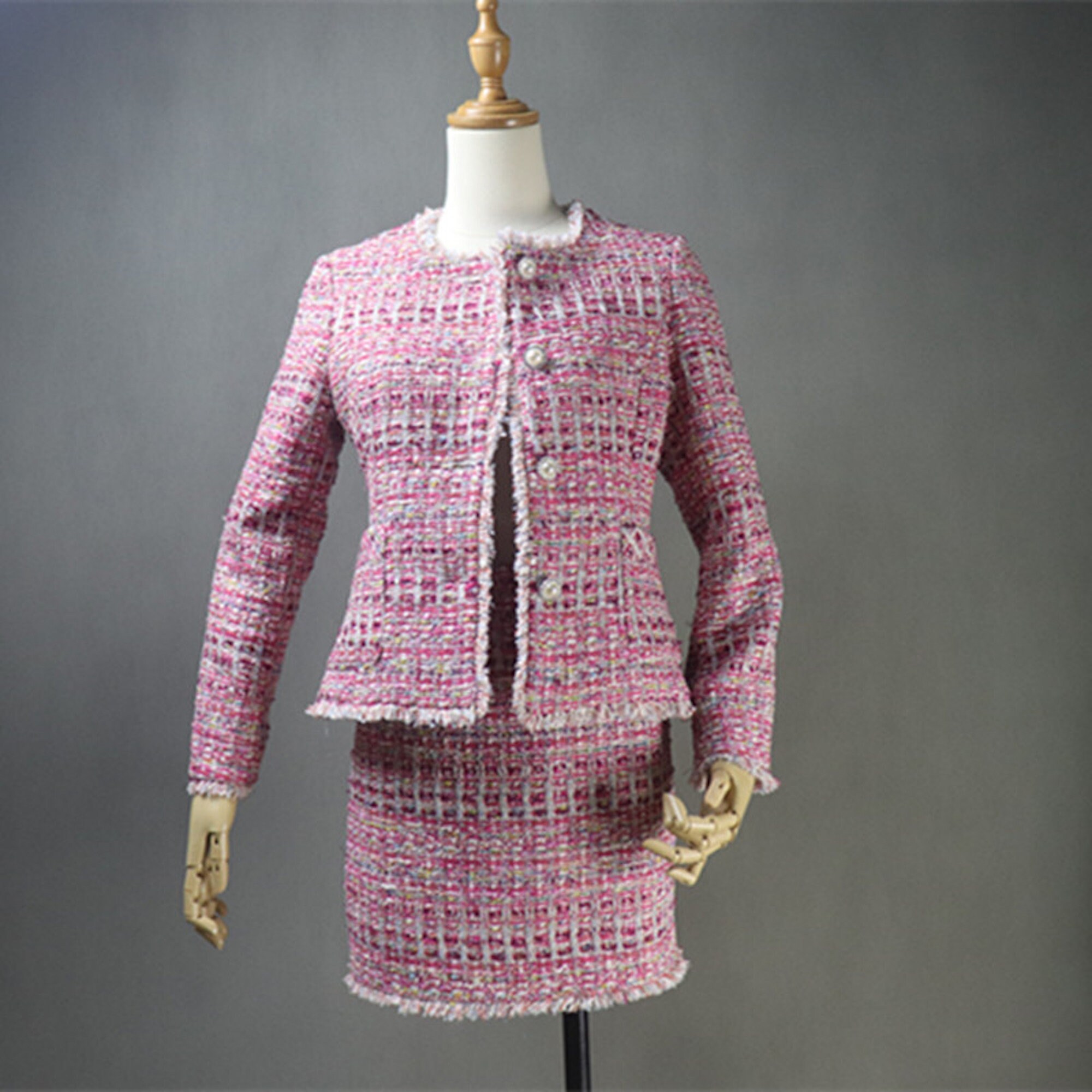 Fashionpioneer15 Womens Custom Made Multicolor Pink Tweed Blazer + Skirt/Shorts Suit Pink Suit Formal Suit