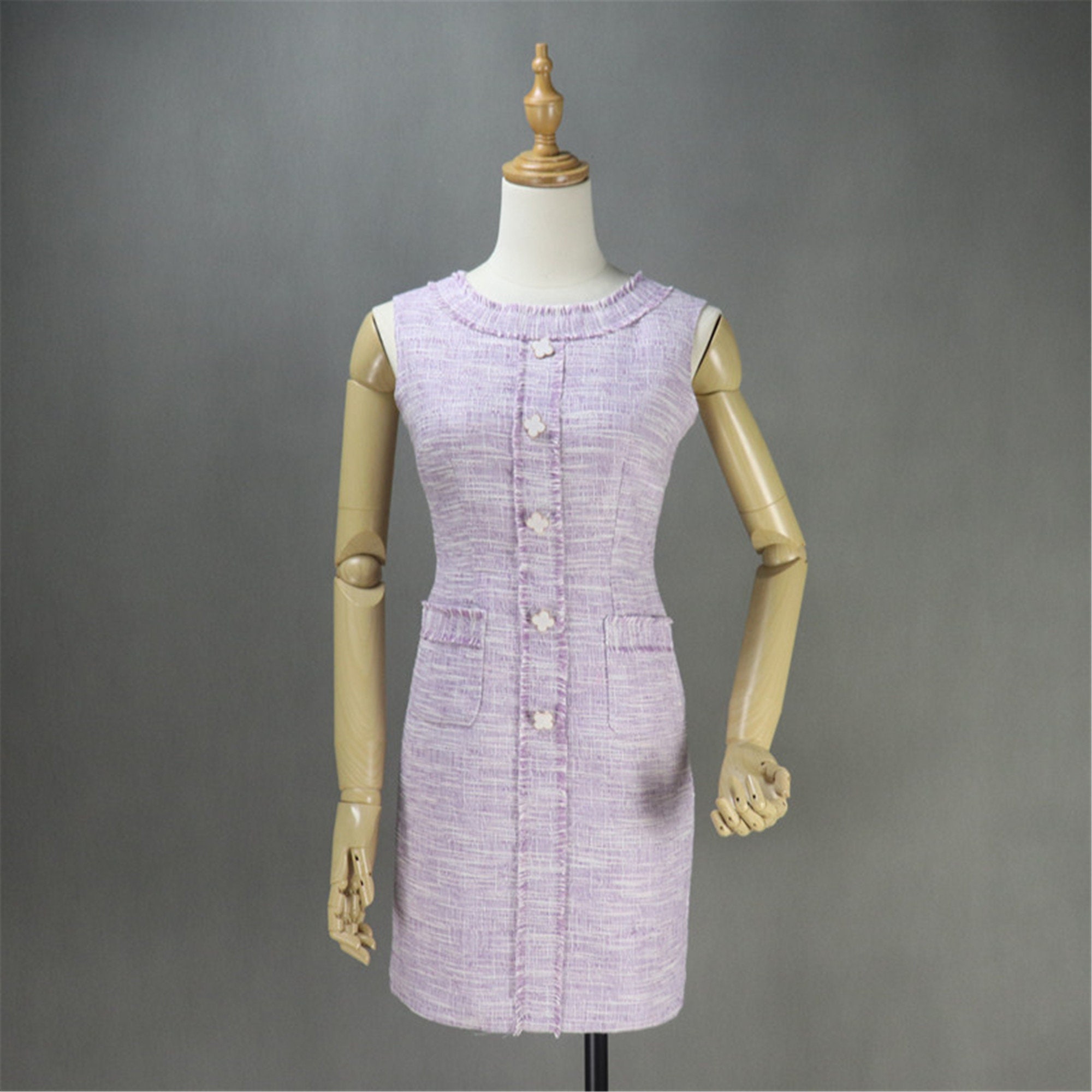 Custom Made Purple Dress in Plus Sizes Flower Buttons Tweed Mini Knee length Purple Dress for Wedding Speech Day Graduation Work Dress