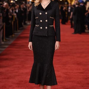 Custom Made Black Sequined Tweed Fishtail Dress Suit: Golden Trim Stage Costume