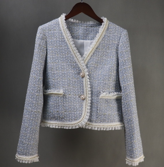 Blue Tweed Skirt Suit Custom Made Plus Sizes Pearl Ruffle Trim for Wedding Personalised Gift Formal Event Job Interview Office Suit Etsy